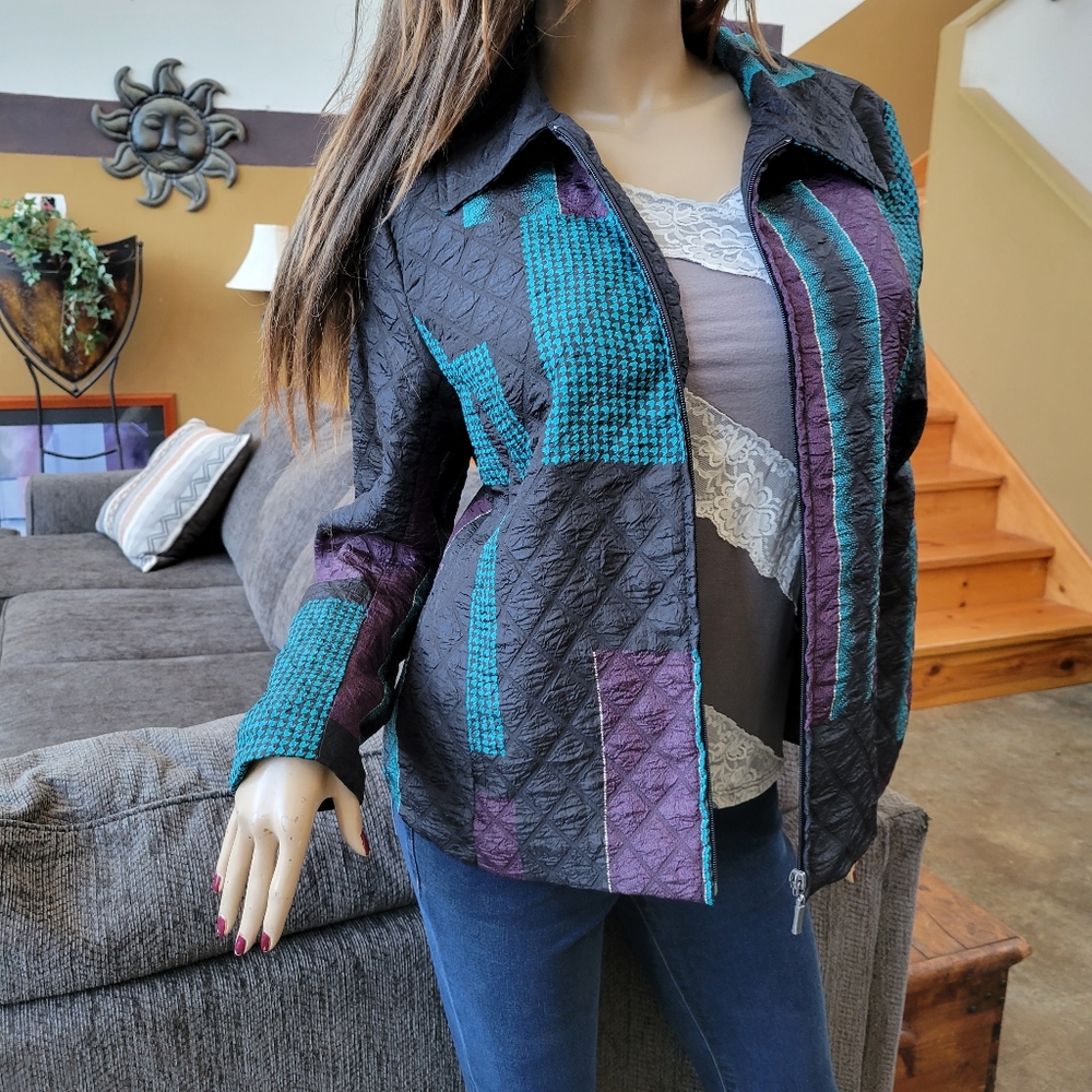 Erin London Jacket Quilted Patchwork Black Teal Plum L - Picture 1 of 10